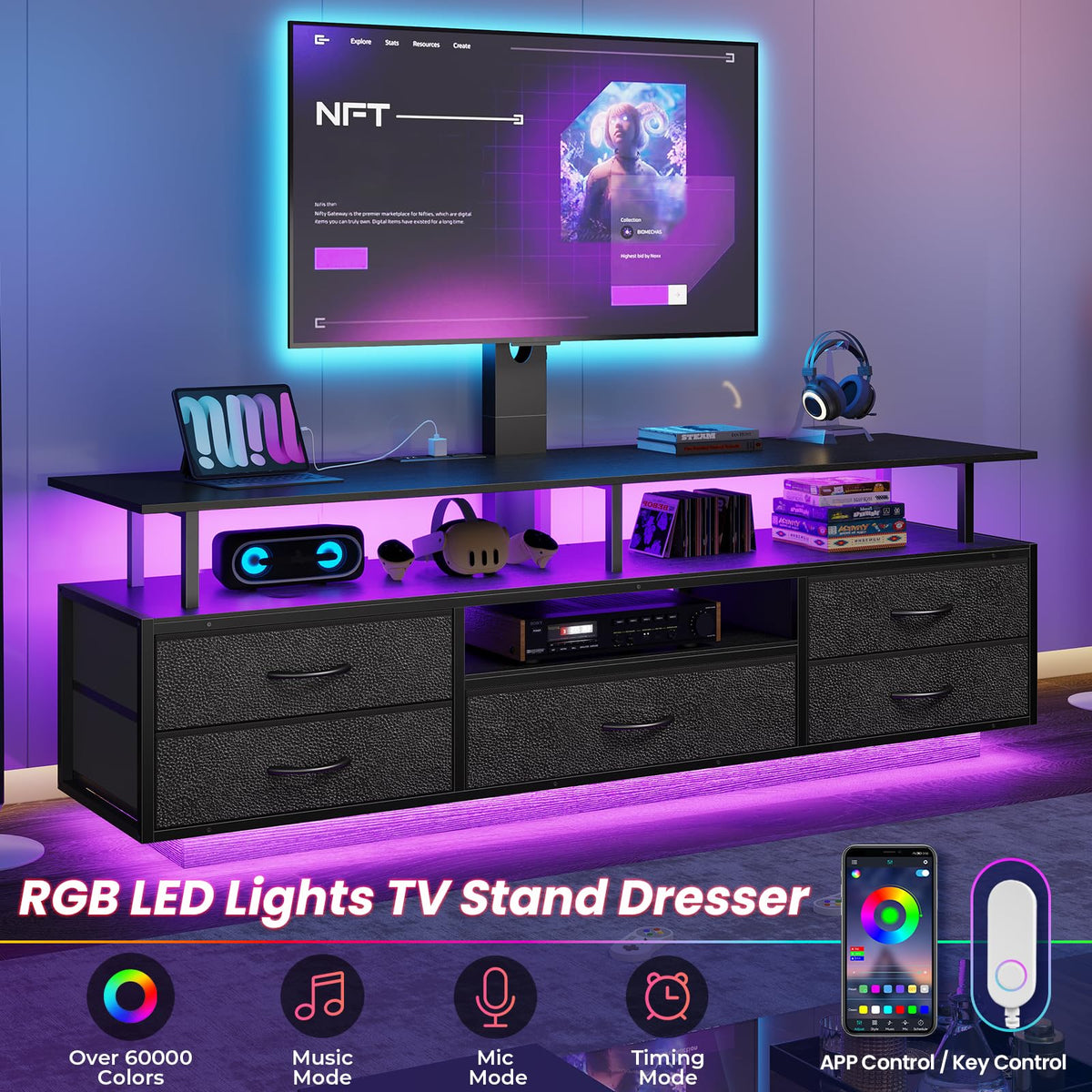 BTHFST LED TV Stand with Mount for Living Room, 55, 60, 70 TV, 6 Drawers