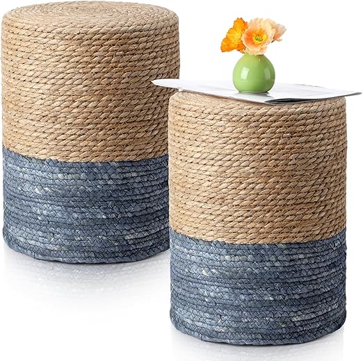 Round Seagrass Pouf Ottoman Set of 2 – Boho Footrest Stool