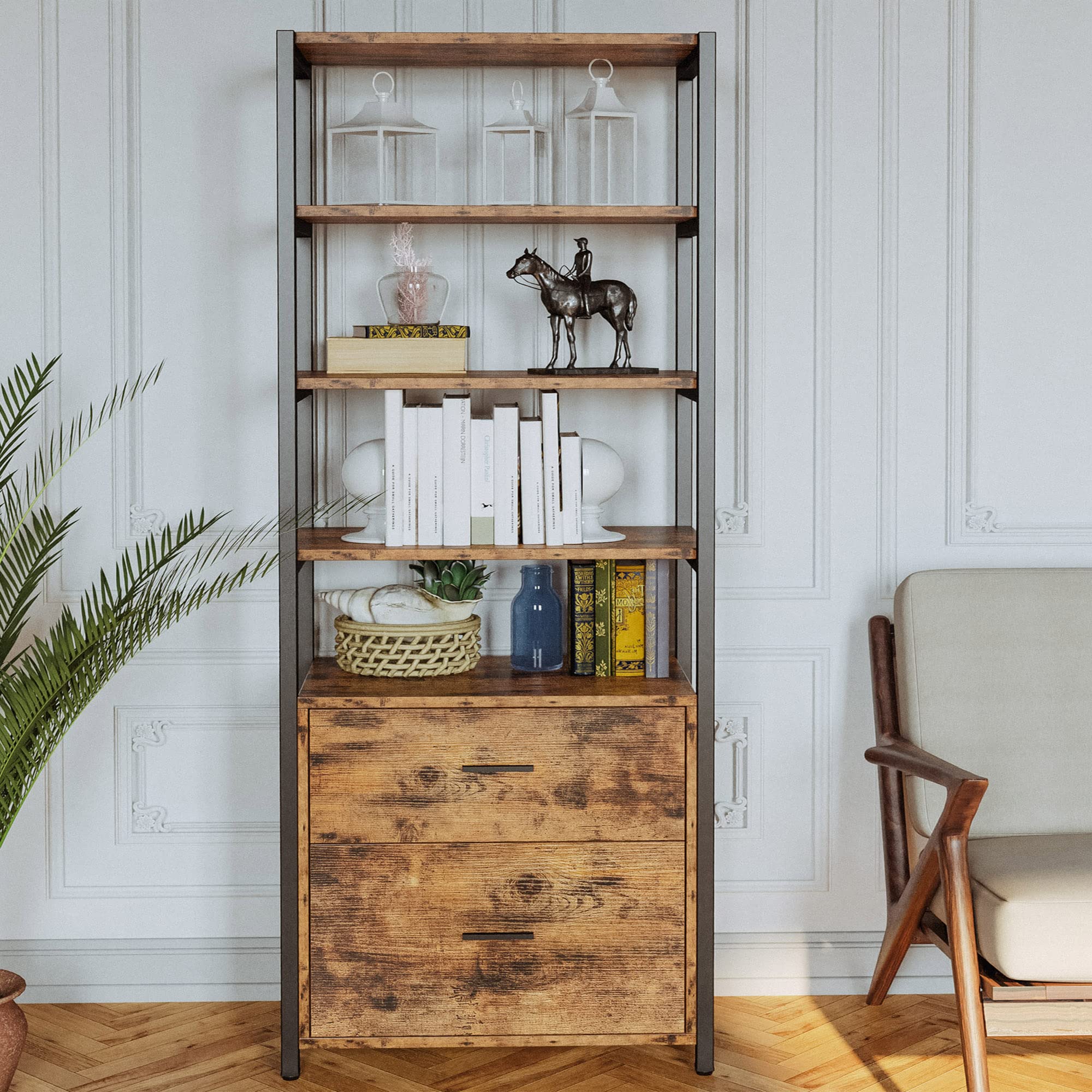 5-Tier Industrial Bookcase with File Cabinet Drawers