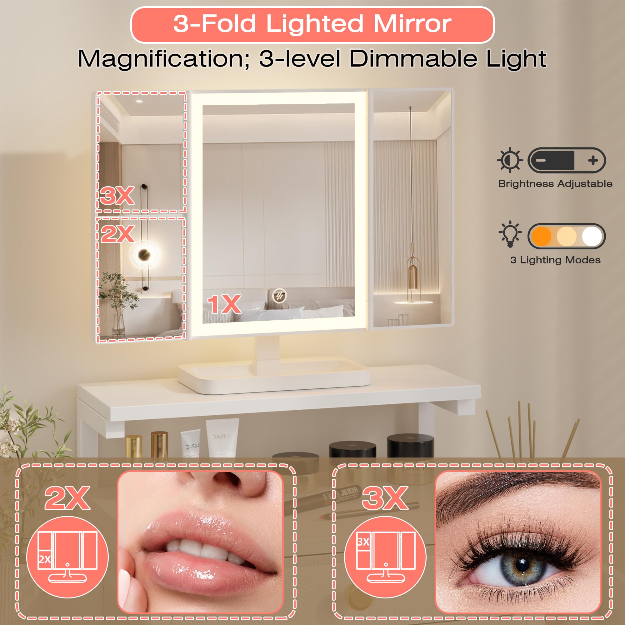 HIGDBFE Vanity Desk with Mirror and Lights, 28.4''W Small Makeup Vanity Table with Height-Adjustable Stand, 2 Fabric Drawers Compact Makeup Desk, Gift for Girls, Bedroom Small Space, White