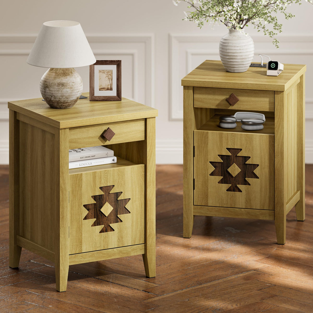 Night Stand Set of 2 with Charging Station and Drawers for Small Space,Wood Nightstand with Storage Cabinet & Drawer & Shelf, Modern and Farmhouse Nightstand for Bedroom,Oak