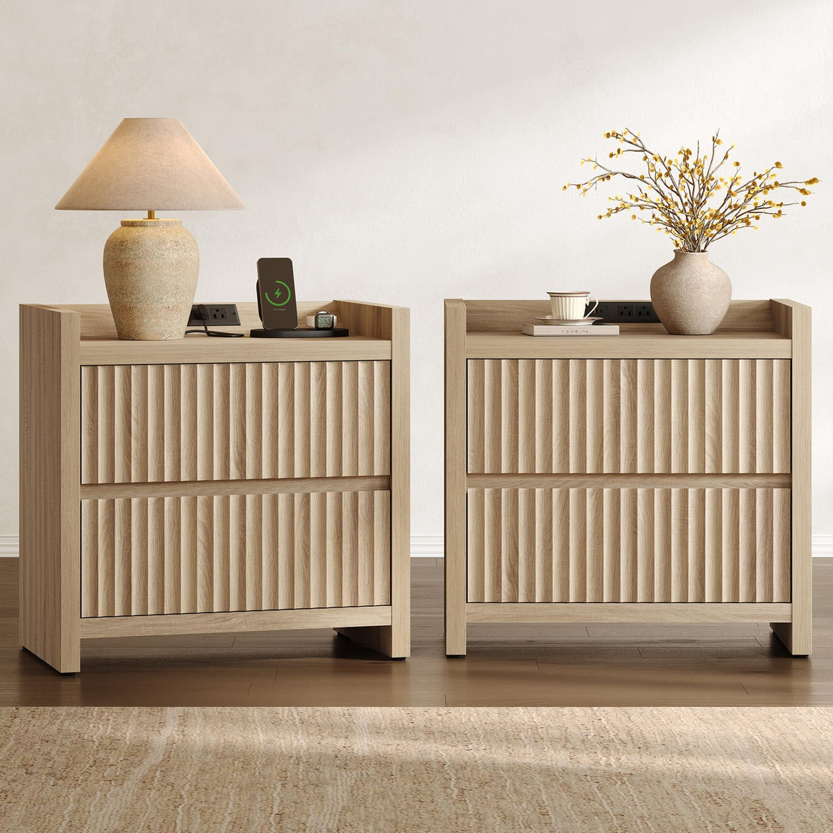 Fluted Nightstand Set with Charging Station