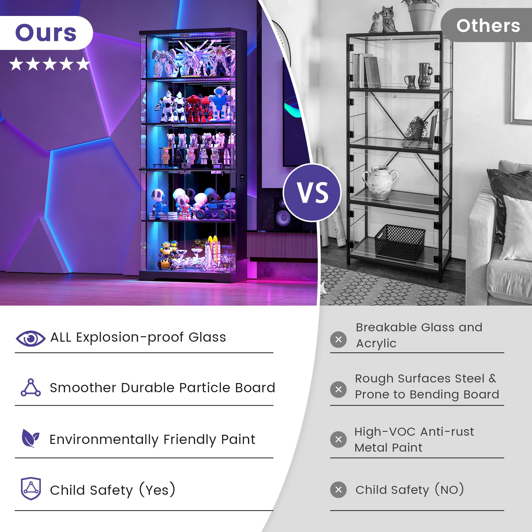 5-Tier Glass Display Cabinet with RGB LED Lights