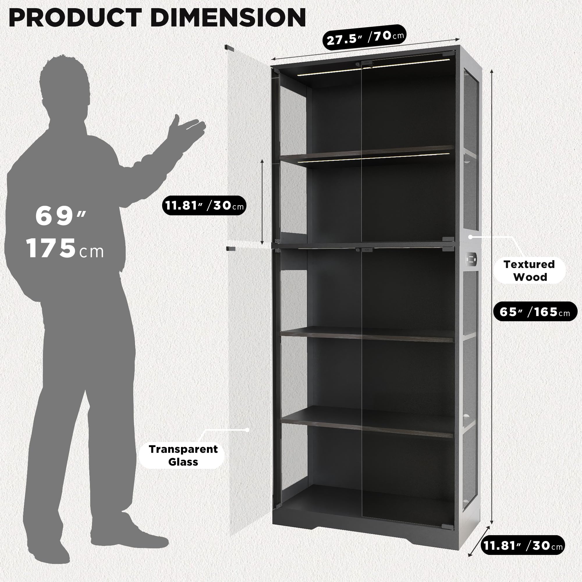 65" Glass Display Cabinet with LED Lighting & Motion Sensor