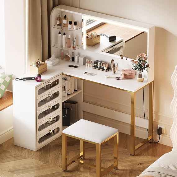 L-Shaped Corner Vanity Desk with LED Mirror & 5 Glass Drawers