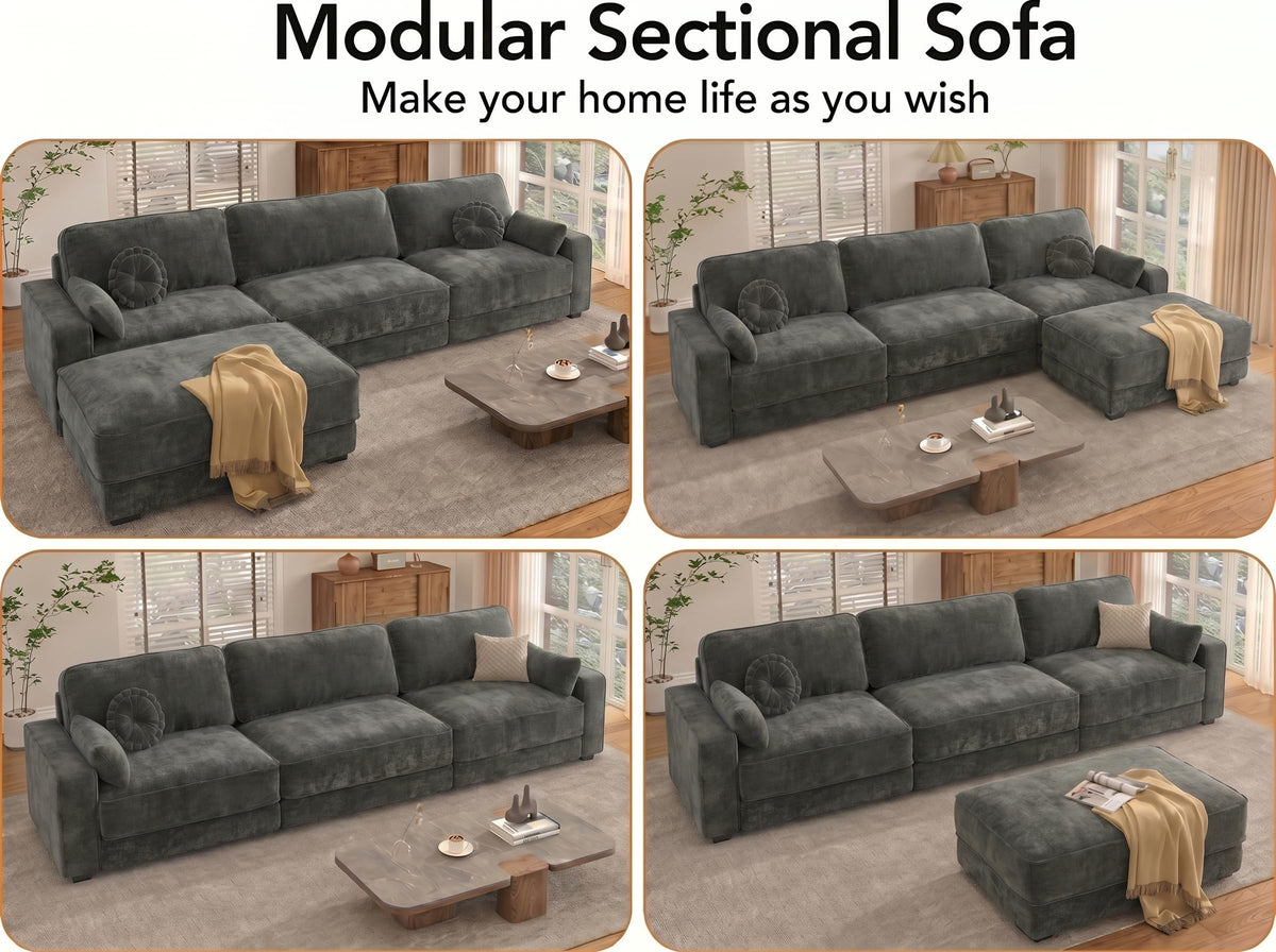 Vipbear 120" Oversized Modular Sectional Sofa, L Shaped Couch Set with 2 Pillows, 4 Seat Comfy Cloud Couches with Movable Ottoman for Living Room, Bedroom and Apartment, Chenille Dark Grey