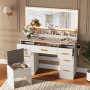 Vanity Desk with Mirror, Lights & Power Outlet – 8 Drawers