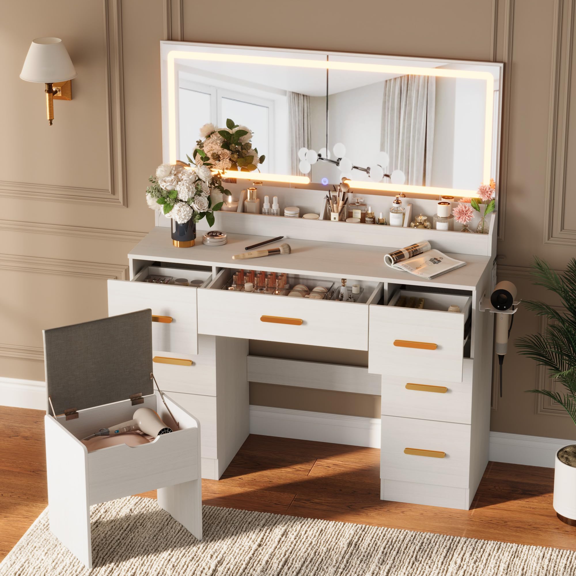 Garvee Vanity Desk with Large Mirror and Lights, 45.9 in Makeup Vanity Desk, 3 Lighting Modes Adjustable Brightness, Vanity Table with Power Outlet & 8 Drawers, for Powder Room and Bedroom