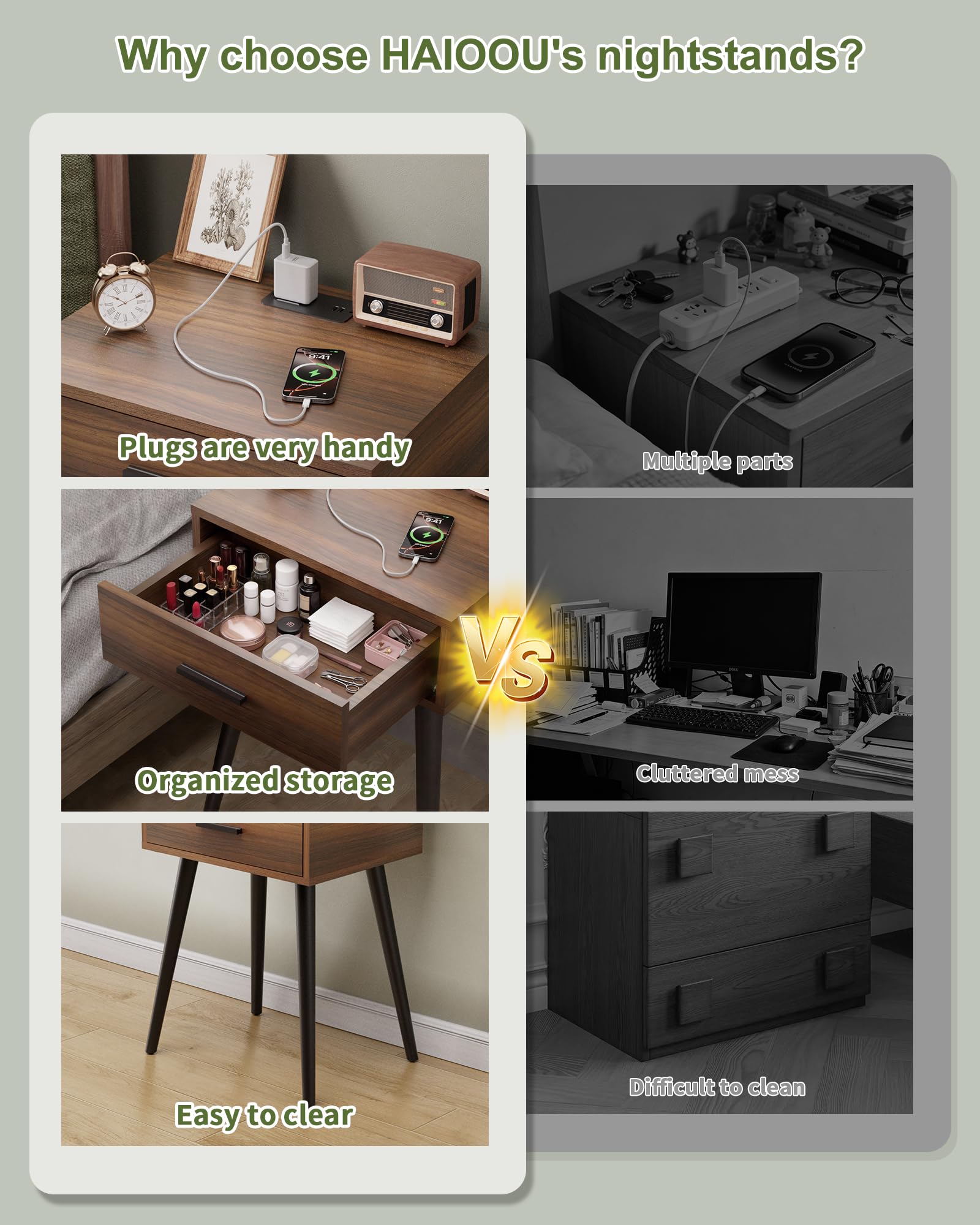 Nightstand Set of 2 with Charging Station & Storage Drawer