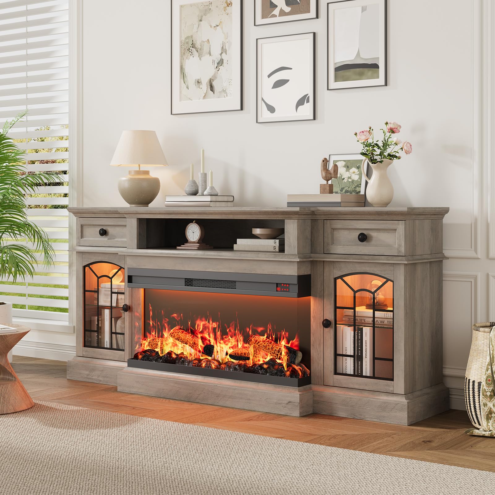 QUW 70" Farmhouse Fireplace TV Stand for TVs up to 80", Entertainment Center with 36" 3-Side Glass Electric Fireplace with Open Shelf and Cabinet, TV Console for Living Room, Grey