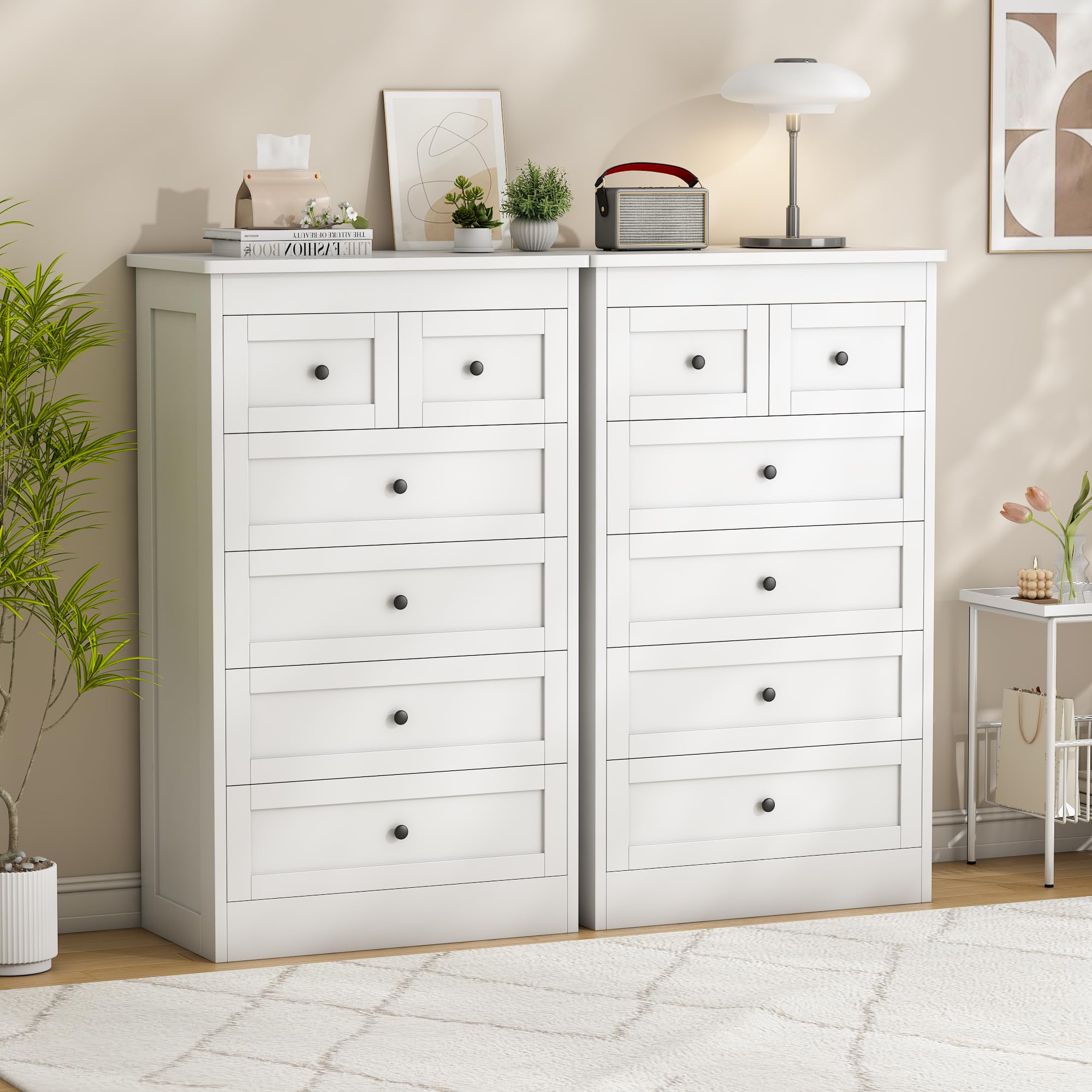 wanan Tall 6 Drawer Dresser for Bedroom, White Modern 43.3'' Tall Wood Chest of Drawers, Storage Organizer with Smooth Metal Rails & Anti-Tip Kit for Closet, Hallway, Living Room