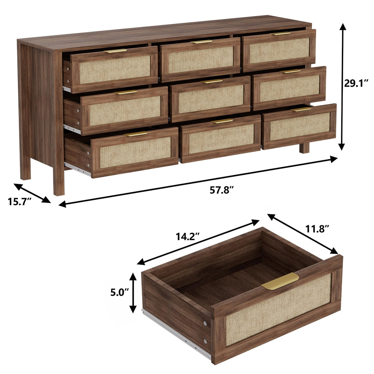 YOCONYO 9 Drawer Double Dresser,Wood Dresser,Modern Wooden Storage Cabinet,Chest of Drawers for Bedroom, Living Room, Entryway (Brown-9 Drawer)
