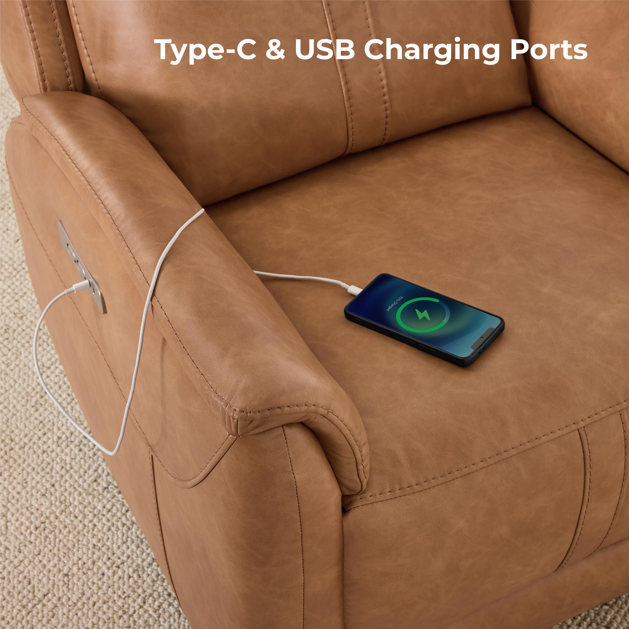CHITA Power Recliner Chairs for Adults, Electric Leather Super Zero Gravity Recliner with USB & Type-C Charging Ports for Living Room, Bedroom & Home Theater Relaxation, Faux Leather in Camel