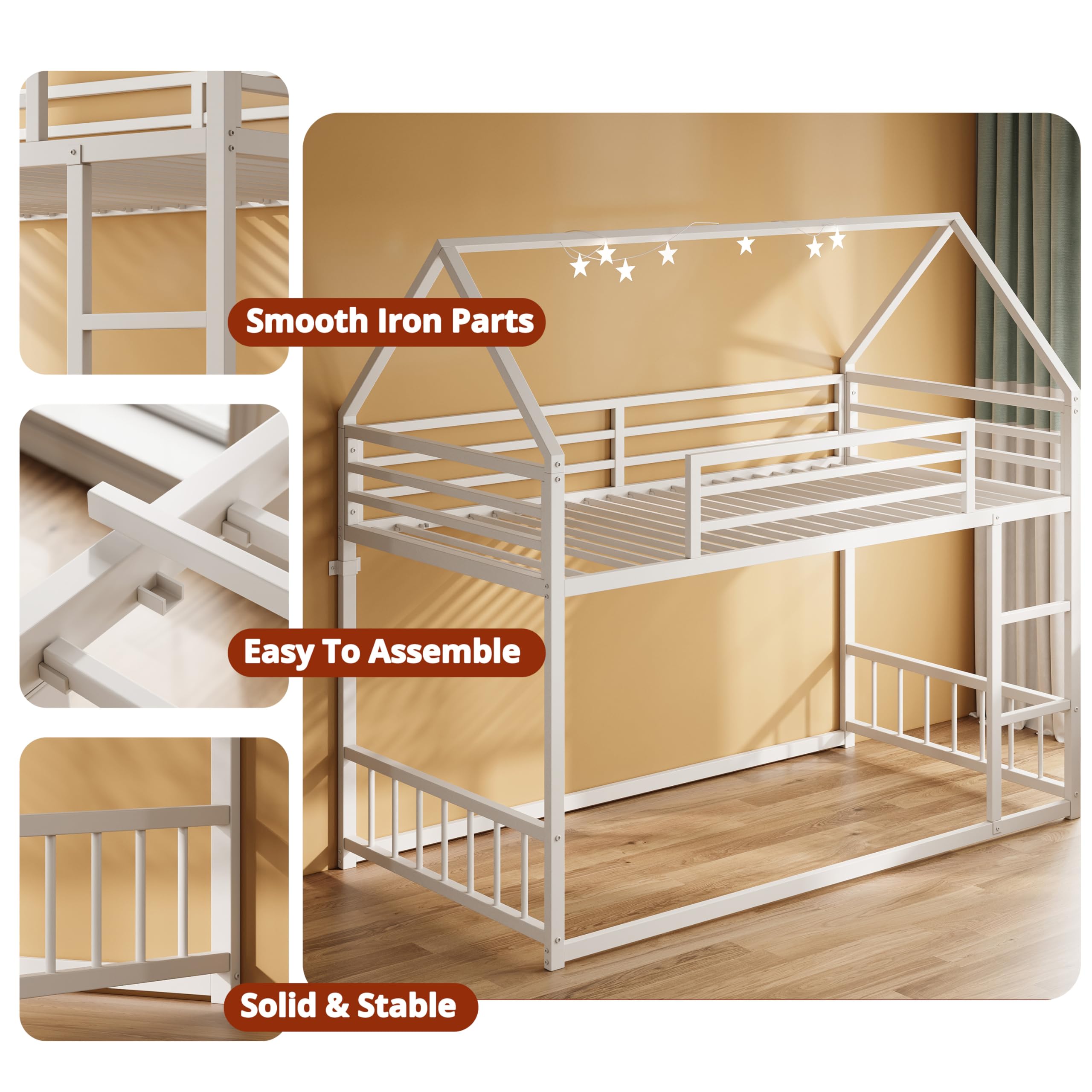 Twin Over Twin House Bunk Bed with Ladder & Guardrail