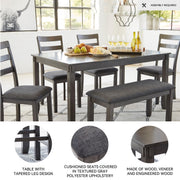 Signature Design by Ashley Bridson Dining Table Set For 6 With Bench, Wood 6‑Piece Kitchen Table And Chairs With Upholstered Seats, Transitional Charcoal Gray Dining Room Collection For Family Meals