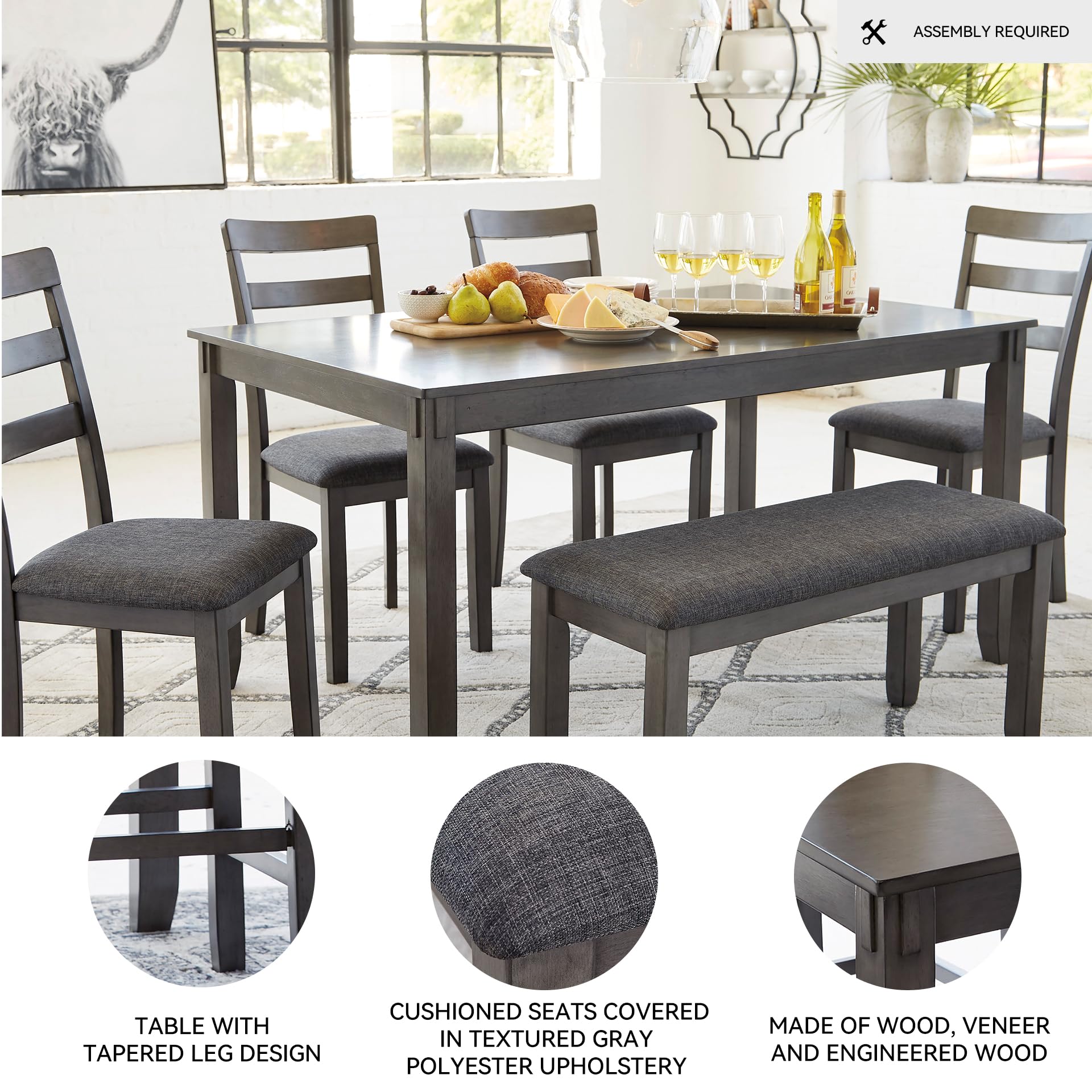 Signature Design by Ashley Bridson Dining Table Set For 6 With Bench, Wood 6‑Piece Kitchen Table And Chairs With Upholstered Seats, Transitional Charcoal Gray Dining Room Collection For Family Meals