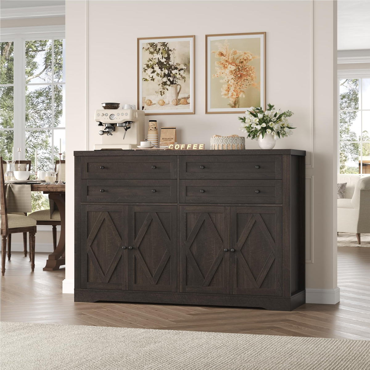 HOSTACK 55"W Kitchen Buffet Sideboard Cabinet with 4 Storage Drawer, Brown