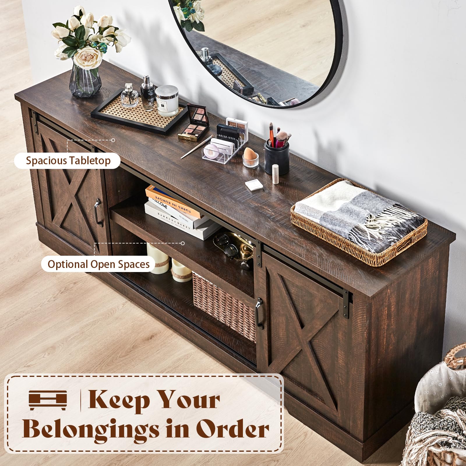 66" Farmhouse TV Stand with Sliding Barn Door