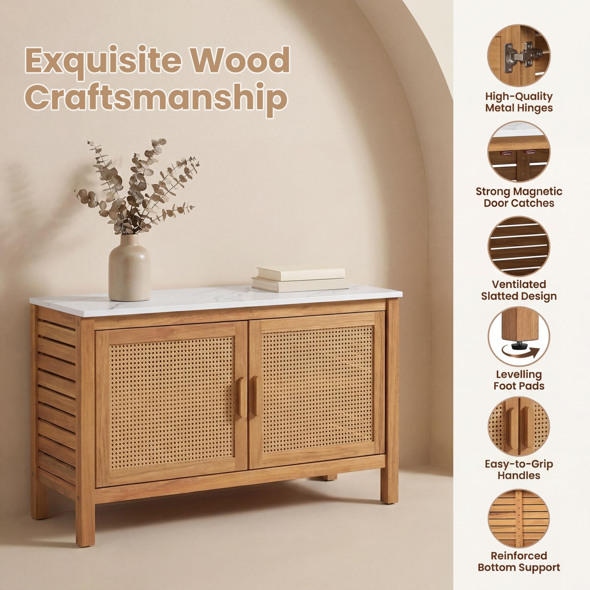 Giantex Acacia Wood Outdoor Cabinet, Storage Cabinet w/Faux Marble Top, Rattan Doors, Interior Shelves & Compartment, Buffet Cabinet, Functional Potting Table for Garden, Patio, Backyard