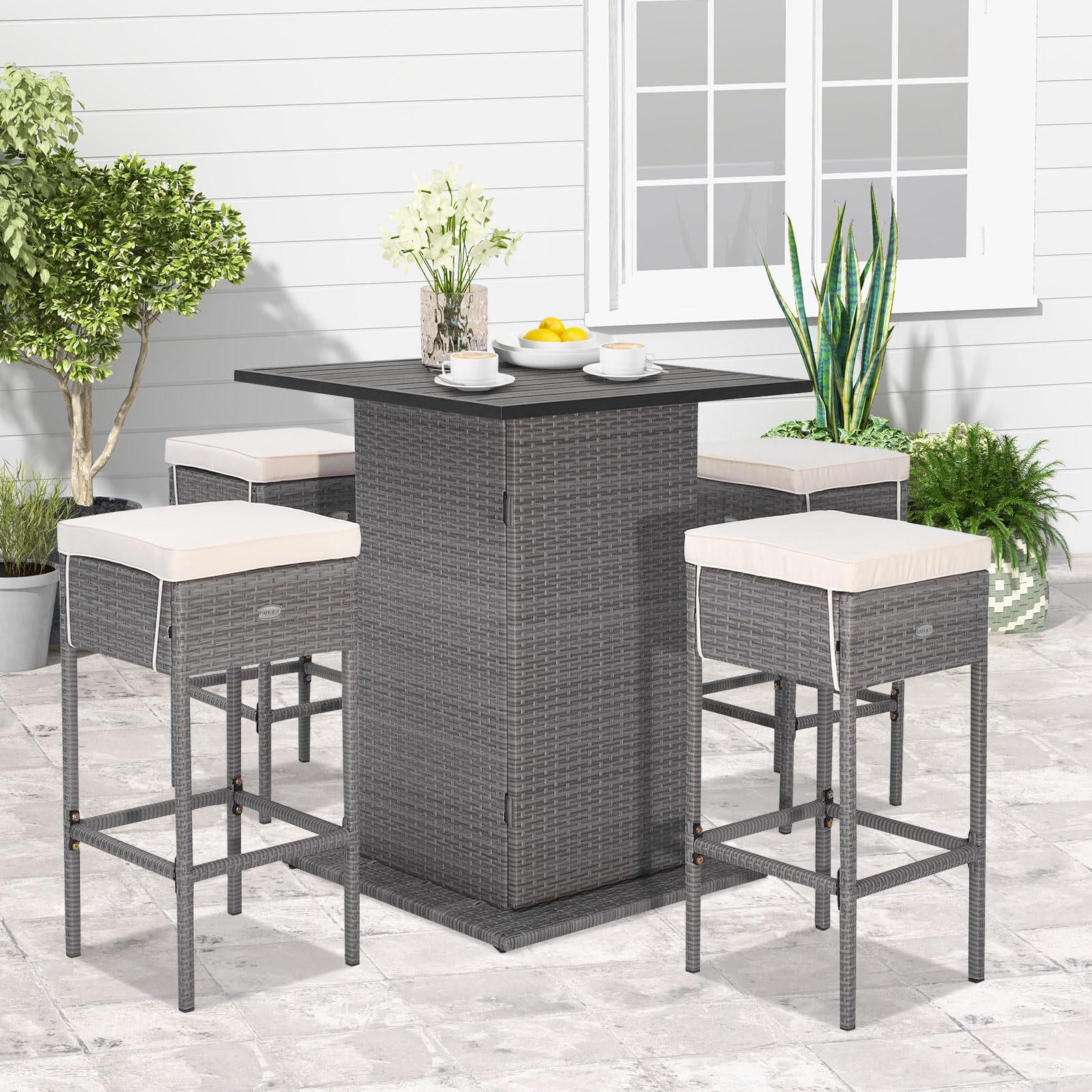 RELAX4LIFE 5-Piece Outdoor Bar Set, Wicker Rattan Bar Height Patio Set w/4 Cushion Bar Stools & Table with Hidden Storage, 5PCS Outdoor High Top Table and Chairs Set for Backyard Poolside (White-Grey)