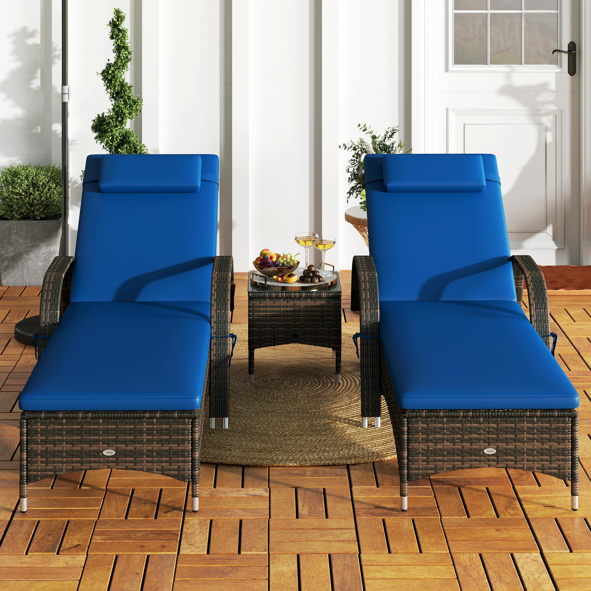 PE Rattan Chaise Lounge Chair Set of 3 with Side Table