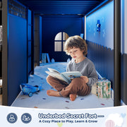 Low Loft Bed Twin Size with 7 Storage Drawers, Desk and LED Lights, Heavy Duty Metal Kids Loft Bed with 12" H Safety Guardrail, Anti-Collision Pad, Private Play Curtain, Under-Bed Play Space - Black