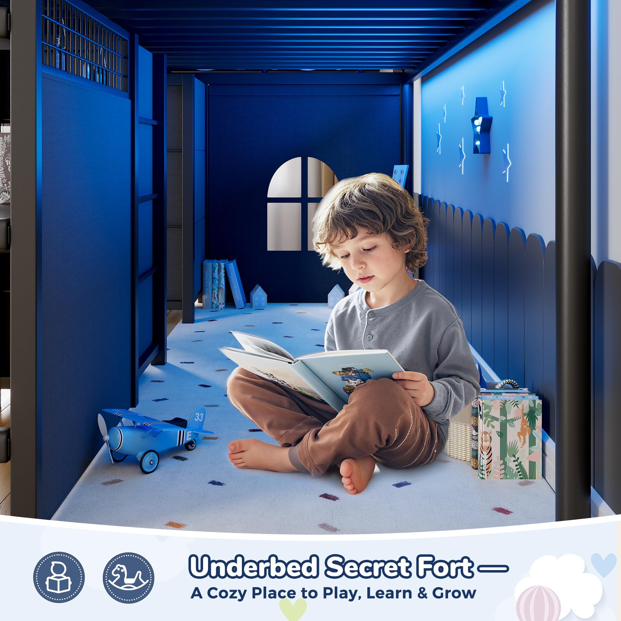 Low Loft Bed Twin Size with 7 Storage Drawers, Desk and LED Lights, Heavy Duty Metal Kids Loft Bed with 12" H Safety Guardrail, Anti-Collision Pad, Private Play Curtain, Under-Bed Play Space - Black