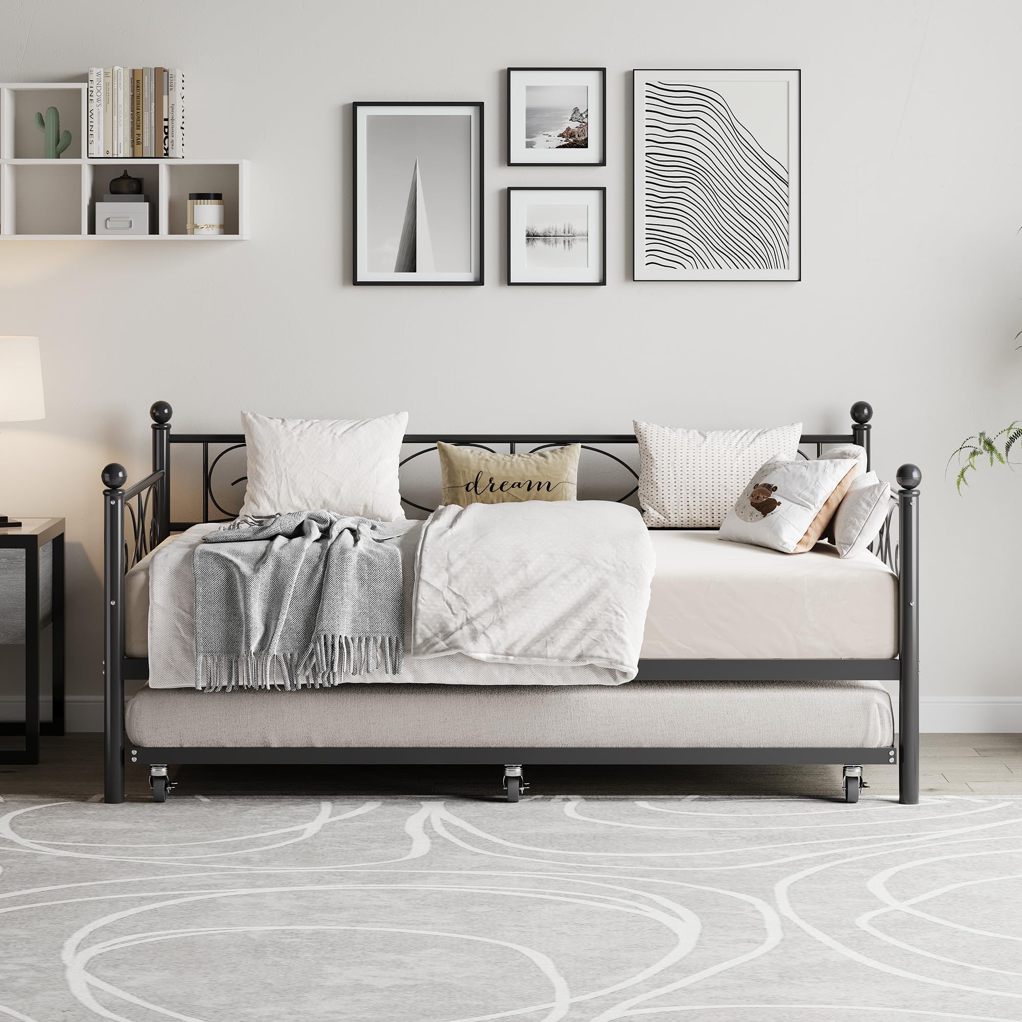 GarveeHome Daybed with Trundle Bed, Twin Size Day Bed with Floral Headboard, Metal Sofa Bed Frame with Pull-Out Trundle, Heavy Duty Steel Slats Supports, for Living Room, Guest Room, Black
