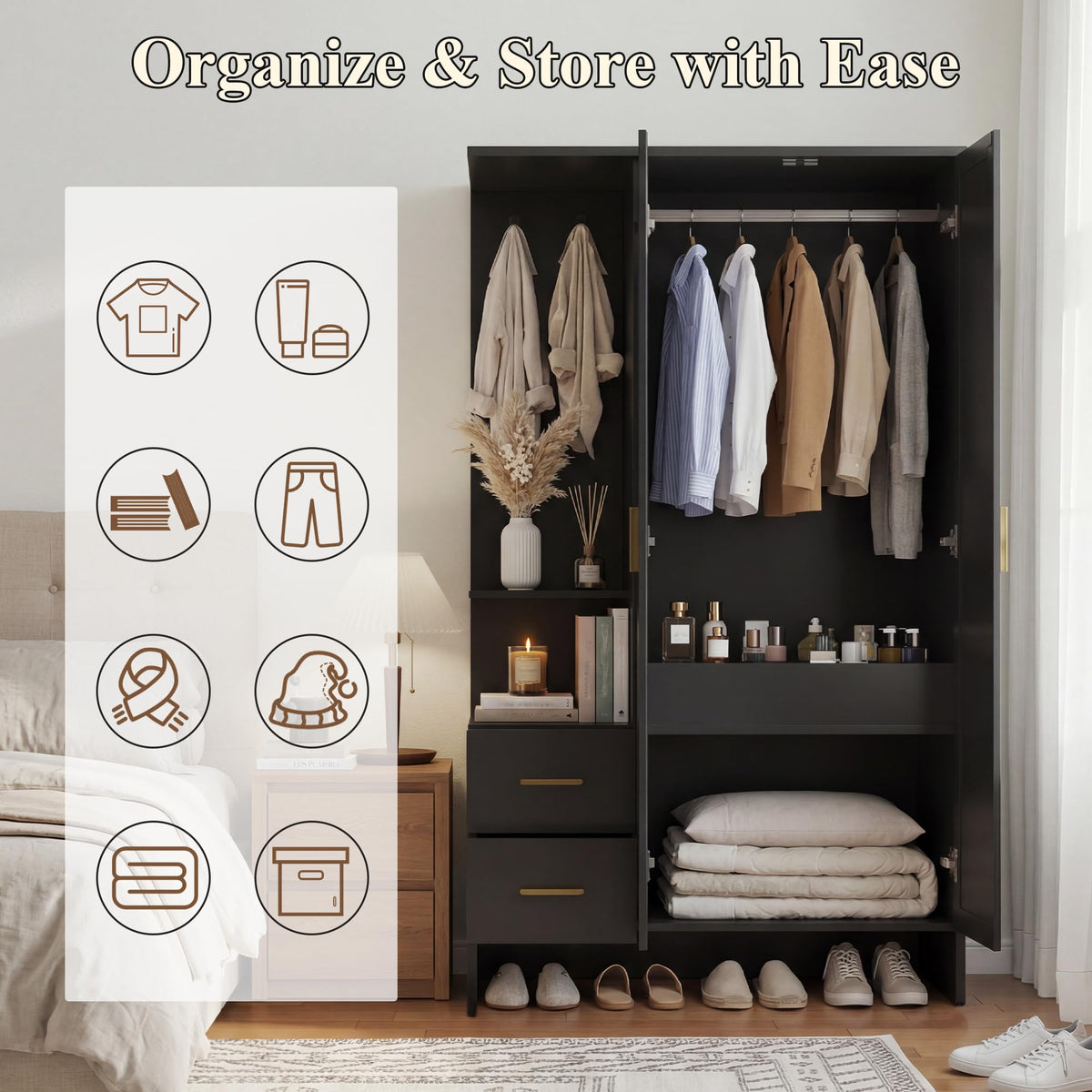 Black Wardrobe Closet with Drawers