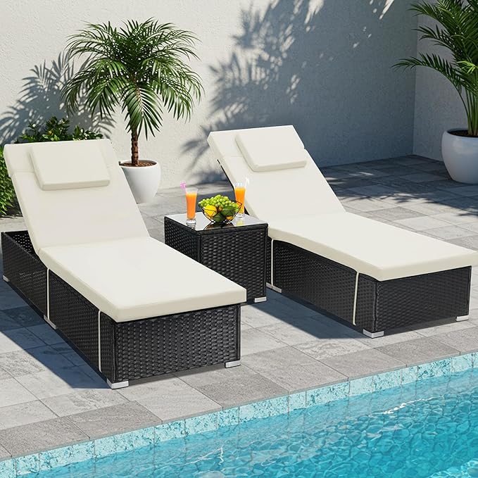 Outdoor Wicker Chaise Lounge Set with Side Table (3-Piece)