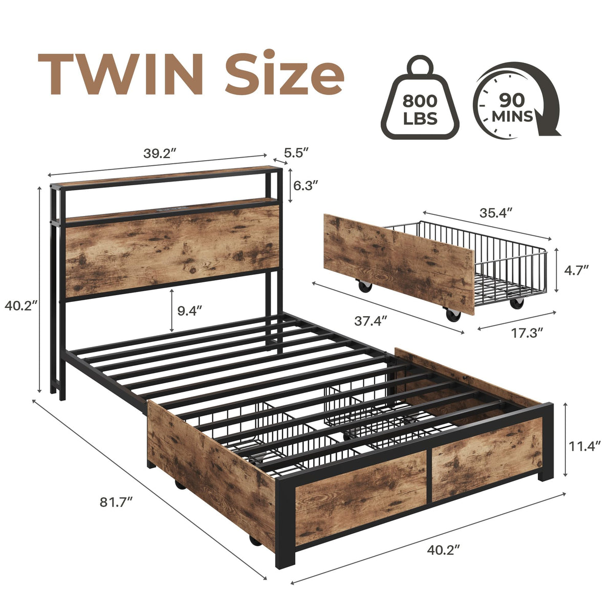 PHGLL Twin Bed Frame with 2-Tier Storage Headboard, Twin Size Metal Bed Frame with 2 Storage Drawers, 3-in-1 Charging Station & RGB LED, Noise-Free/Metal Support/No Box Spring Needed, Rustic Brown