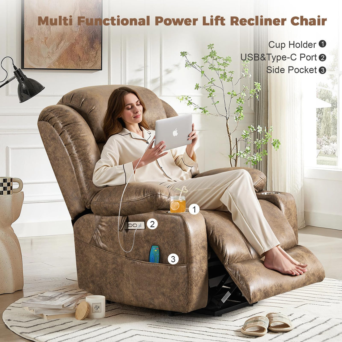 HUSFU Power Lift Recliner with Massage & Heat for Elderly, Leather, Brown