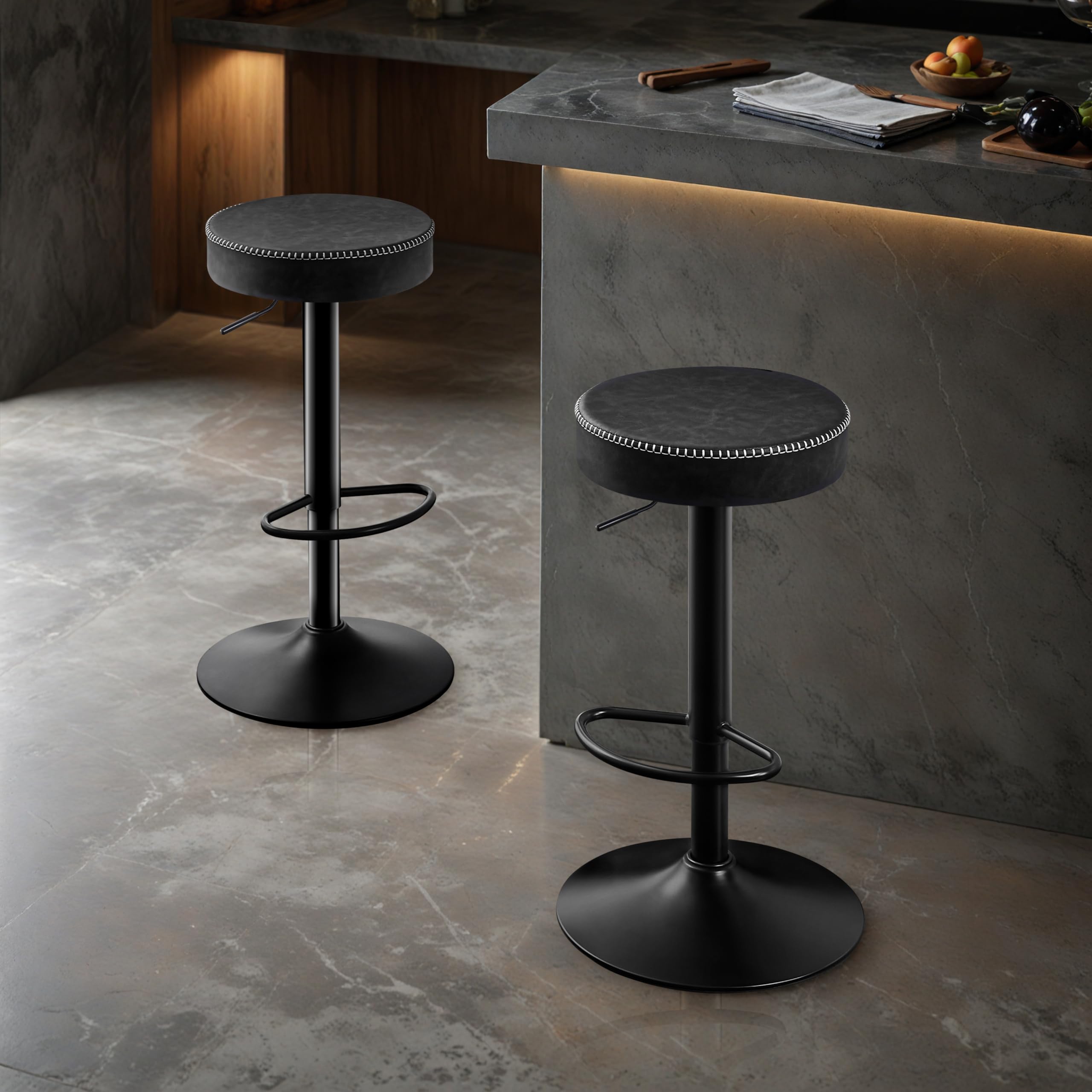 STOOLINK Swivel Bar Stools Set of 2 Black Microfiber Leather Counter Height Bar Stools with Round Seat Adjustable Backless Barstools Modern Tall Bar Chairs for Kitchen Island (24-33 Inch,330lbs)