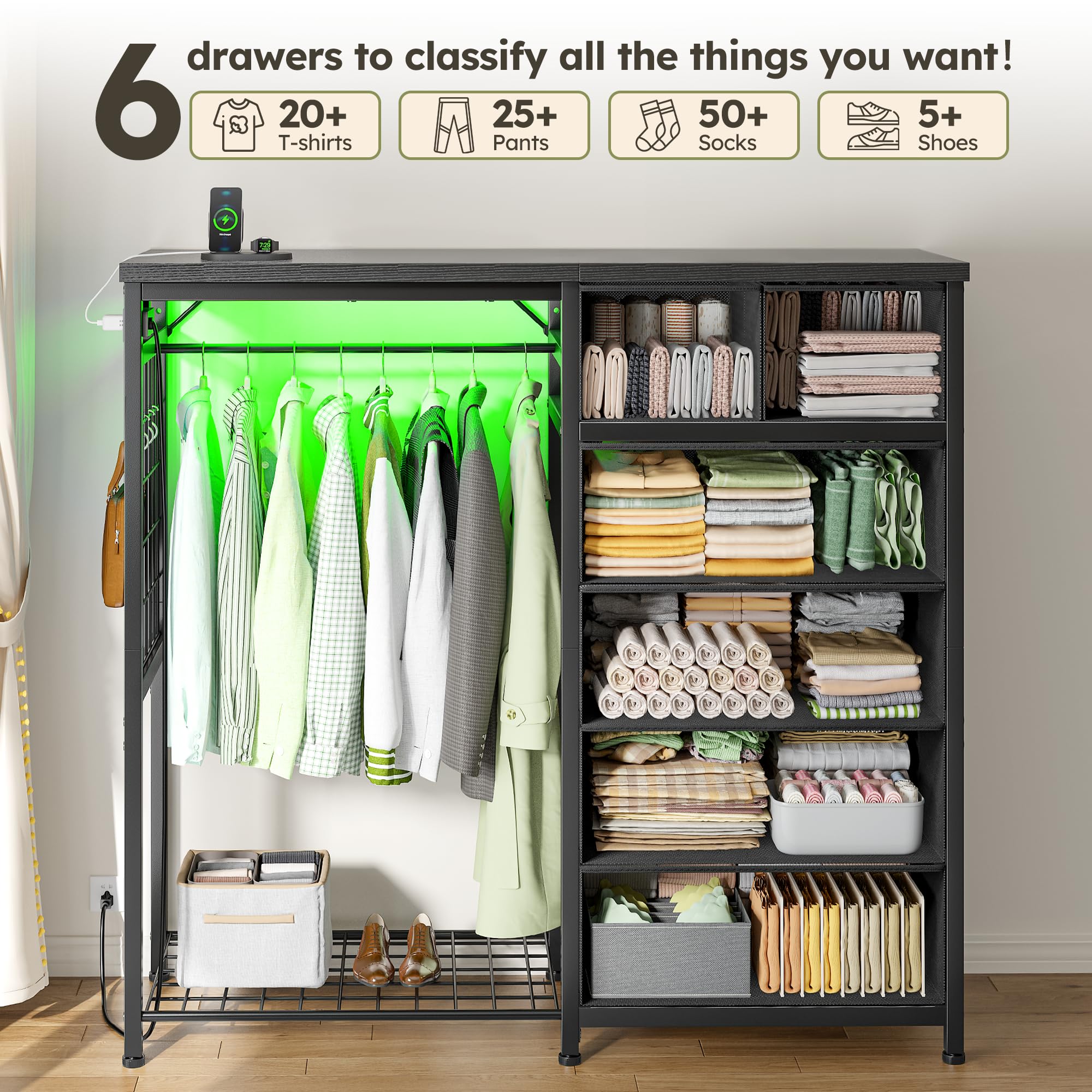 EnHomee Dresser with Hanging Rack, 6 Drawers with LED Lights & Charging Station, Fabric Chest of Drawers, Closet Storage Organizer with Open Shelves for Living Room, Black