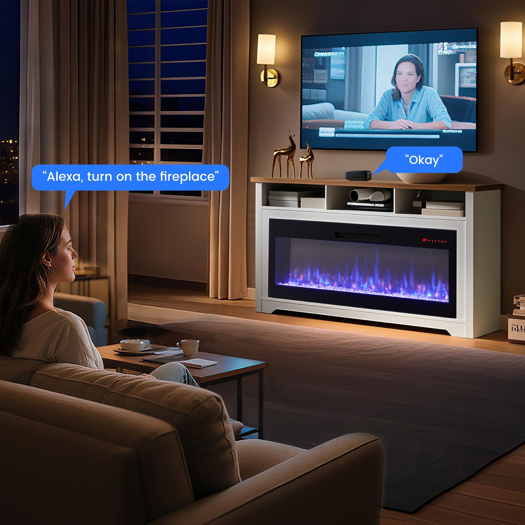 TV Stand with Electric Fireplace – Open Shelves, App & Voice Control, White