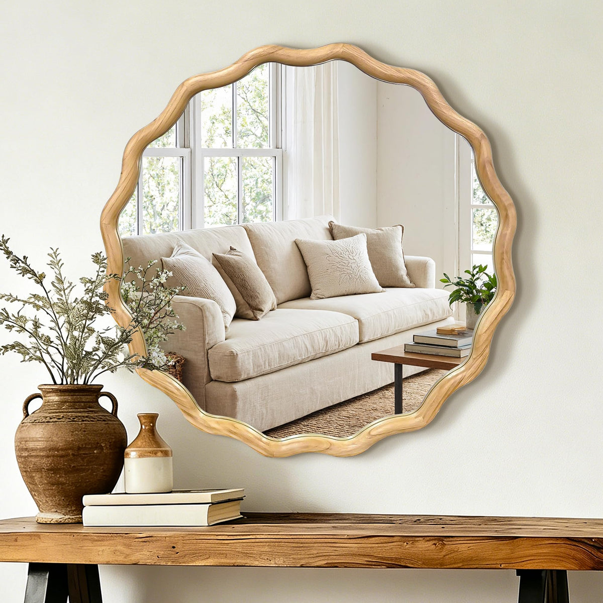 Round Wavy Wood Wall Mirror