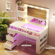 HUAHUU Vanity Desk with Lighted Mirror & Transparent Top, Makeup Vanity Desk with 4 Transparent Drawers and RGB Lighting, Built-in Power Outlet, 3-Tier Side Shelves & Storage Organizer for Bedroom