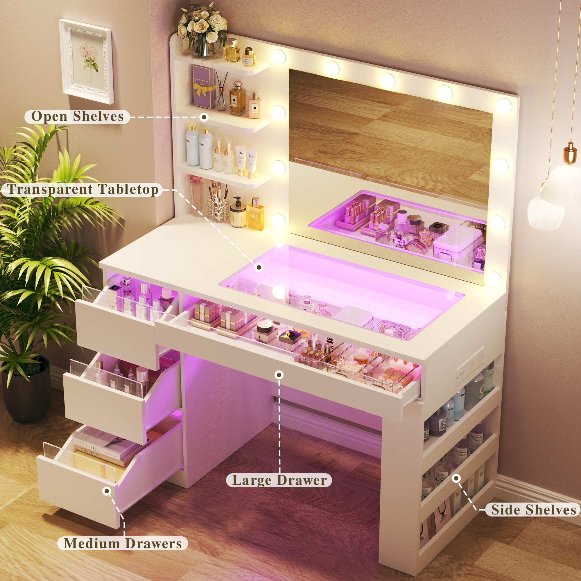 HUAHUU Vanity Desk with Lighted Mirror & Transparent Top, Makeup Vanity Desk with 4 Transparent Drawers and RGB Lighting, Built-in Power Outlet, 3-Tier Side Shelves & Storage Organizer for Bedroom