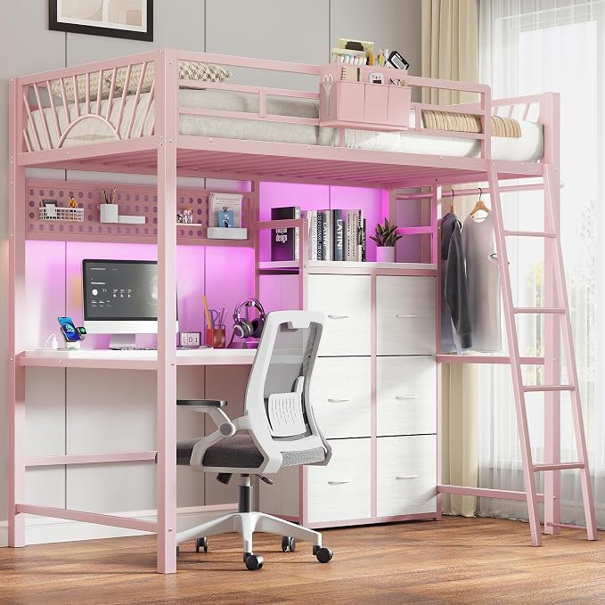 White Twin Loft Bed with Desk & Storage