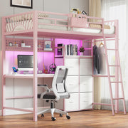 Twin Loft Bed with Desk and 6 Storage Drawers, Charging station & LED, Pink