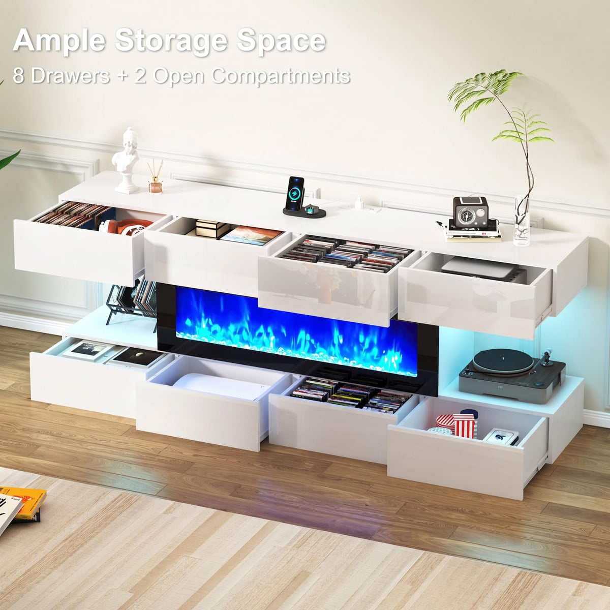 82" Fireplace TV Stand, LED Entertainment Center with 8 Drawer for 90" TVs