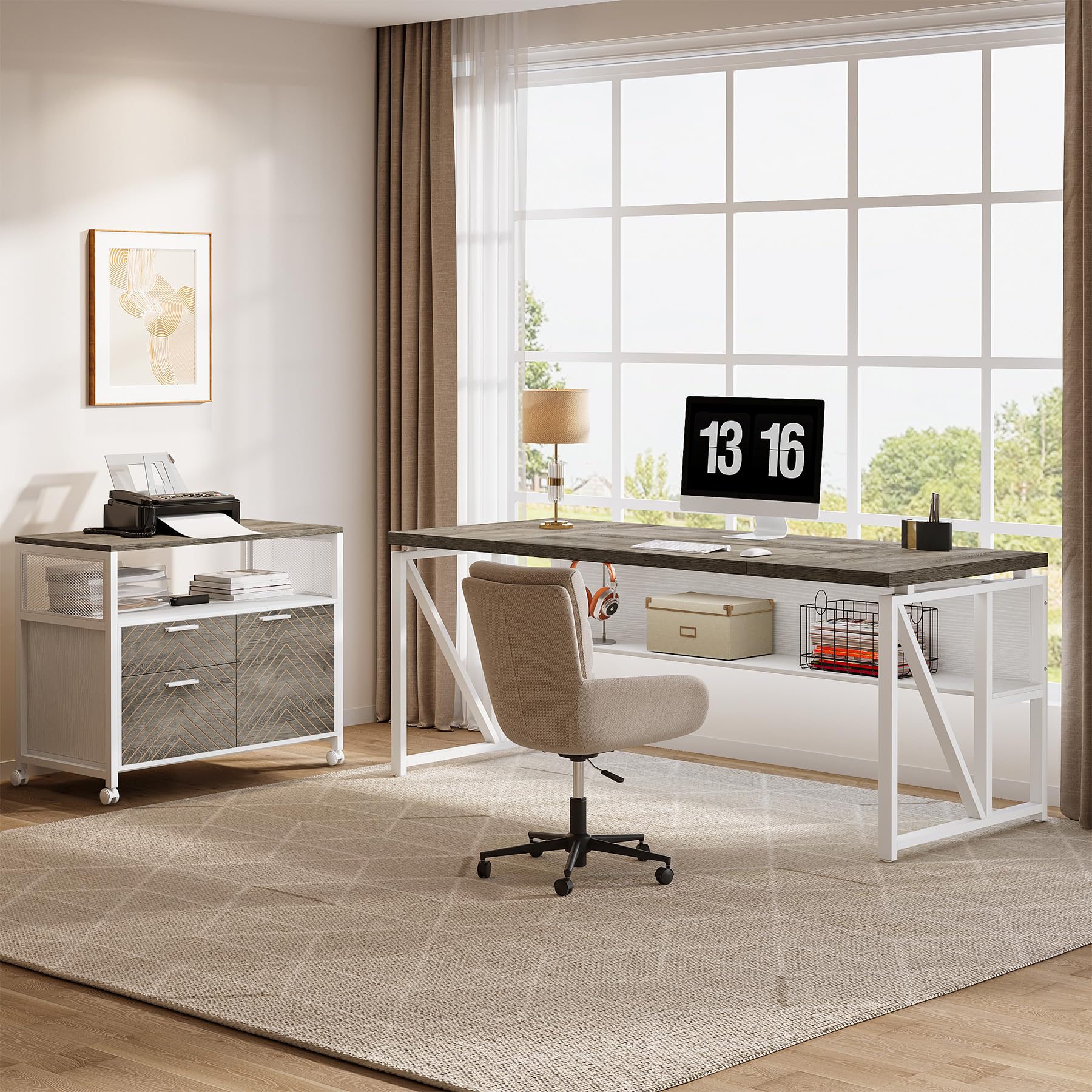 Tribesigns L-Shaped Desk with Drawers, 63" Executive Office Desk with Mobile File Cabinet and Storage Shelves, Home Office Business Furniture Set (Gray, White)