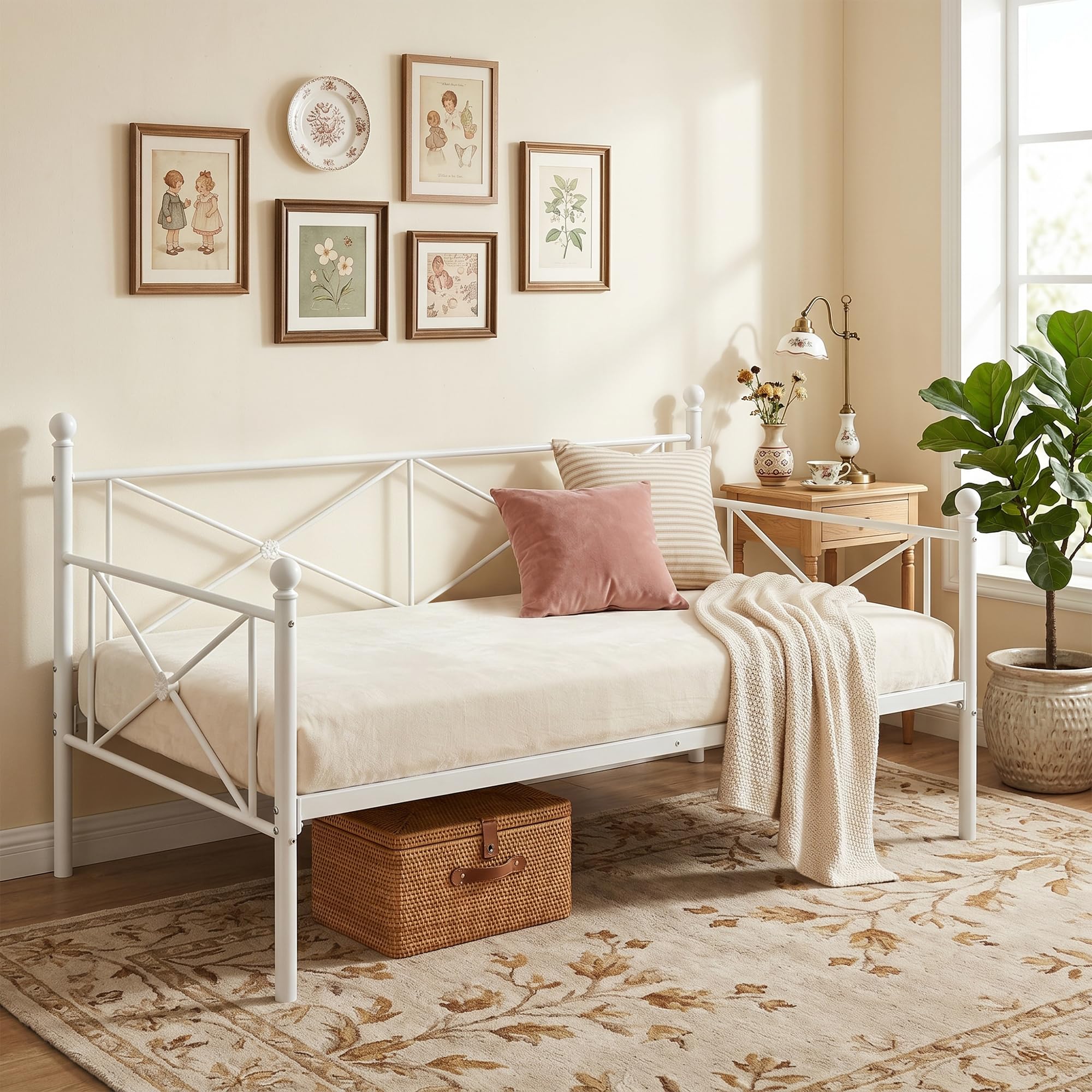 VECELO Daybed Twin Size, Day Bed Frame with Headboard, Heavy-Duty Metal Slats Support Platform for Living Room, Guest Room, Easy Assembly, White