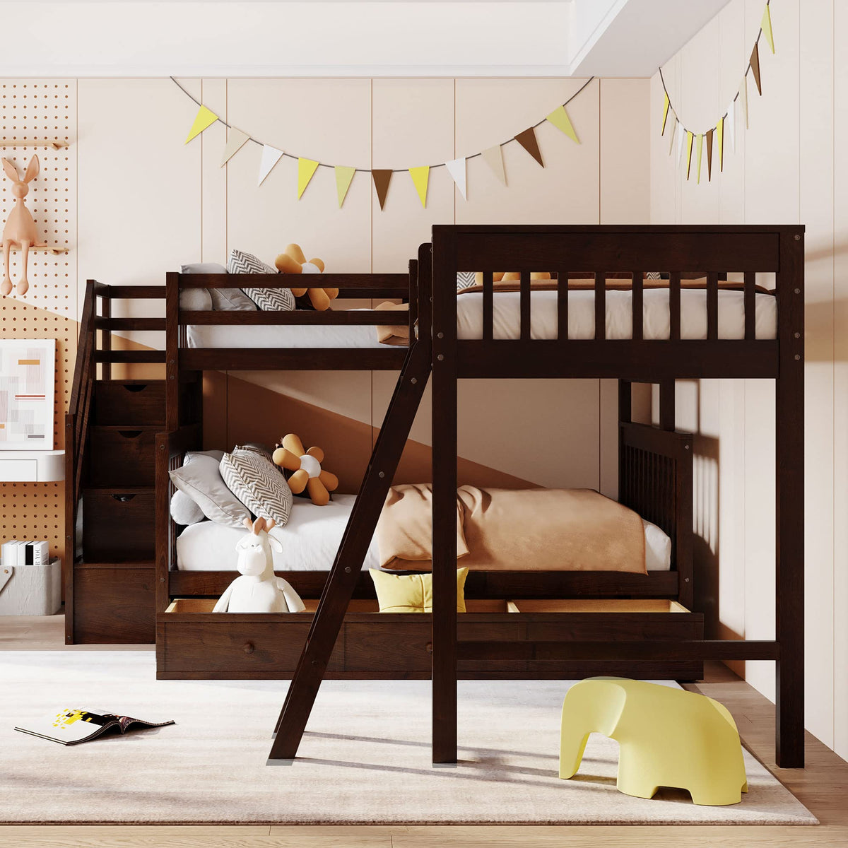 CITYLIGHT Triple Bunk Bed for Kids, Wooden L-Shaped Corner Bunk Bed with 3 Storage Drawers Attached a Twin Loft Bed,Bunk Beds with Stairs and Ladder for Boys Girls Teens,Espresso