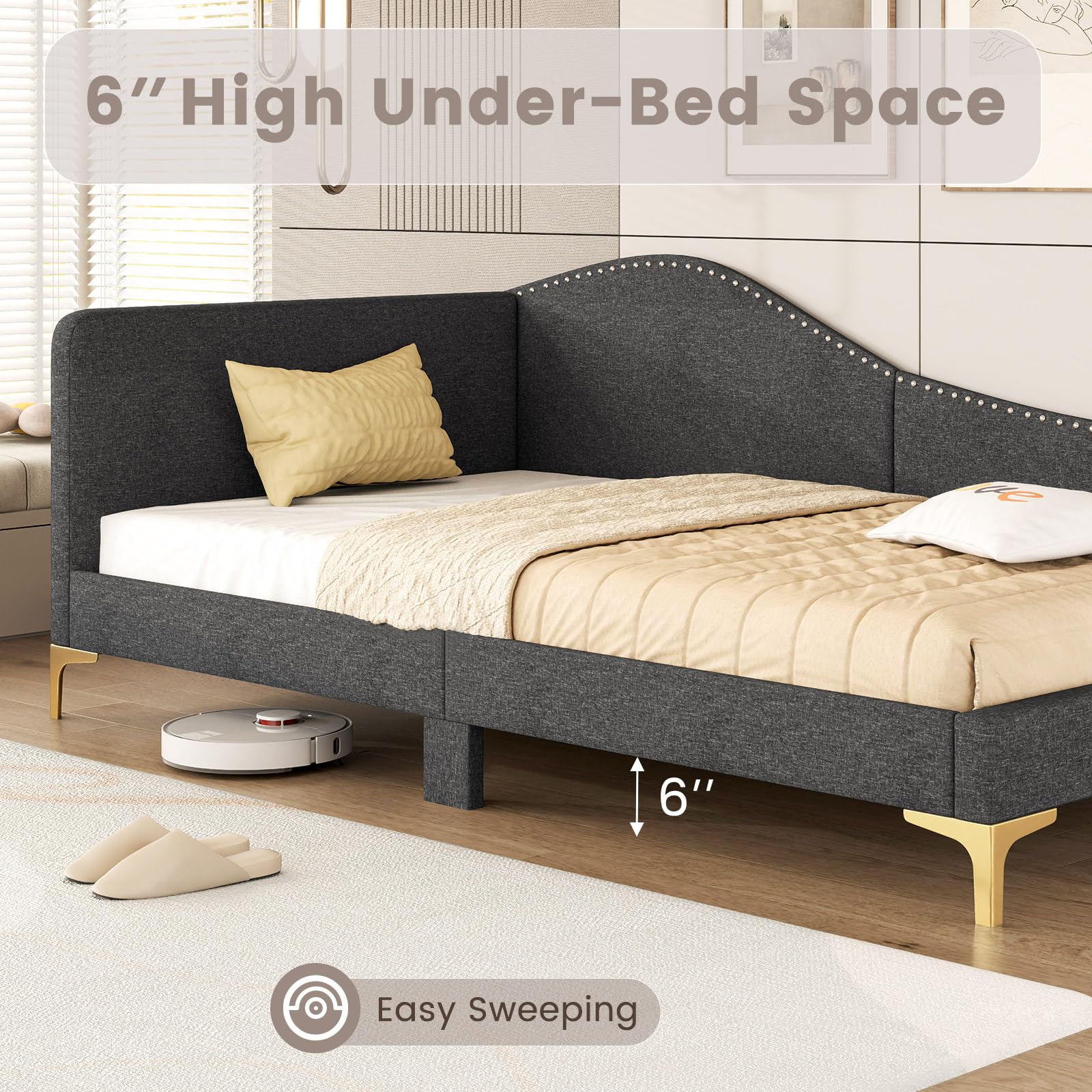 Giantex Twin Size Upholstered Daybed, Rivet-Tufted Platform Bed with Headboard, Metal Legs & Wood Slats, L-Shaped Corner Sofa Bed for Living Room & Guest Room, No Box Spring Needed, Grey