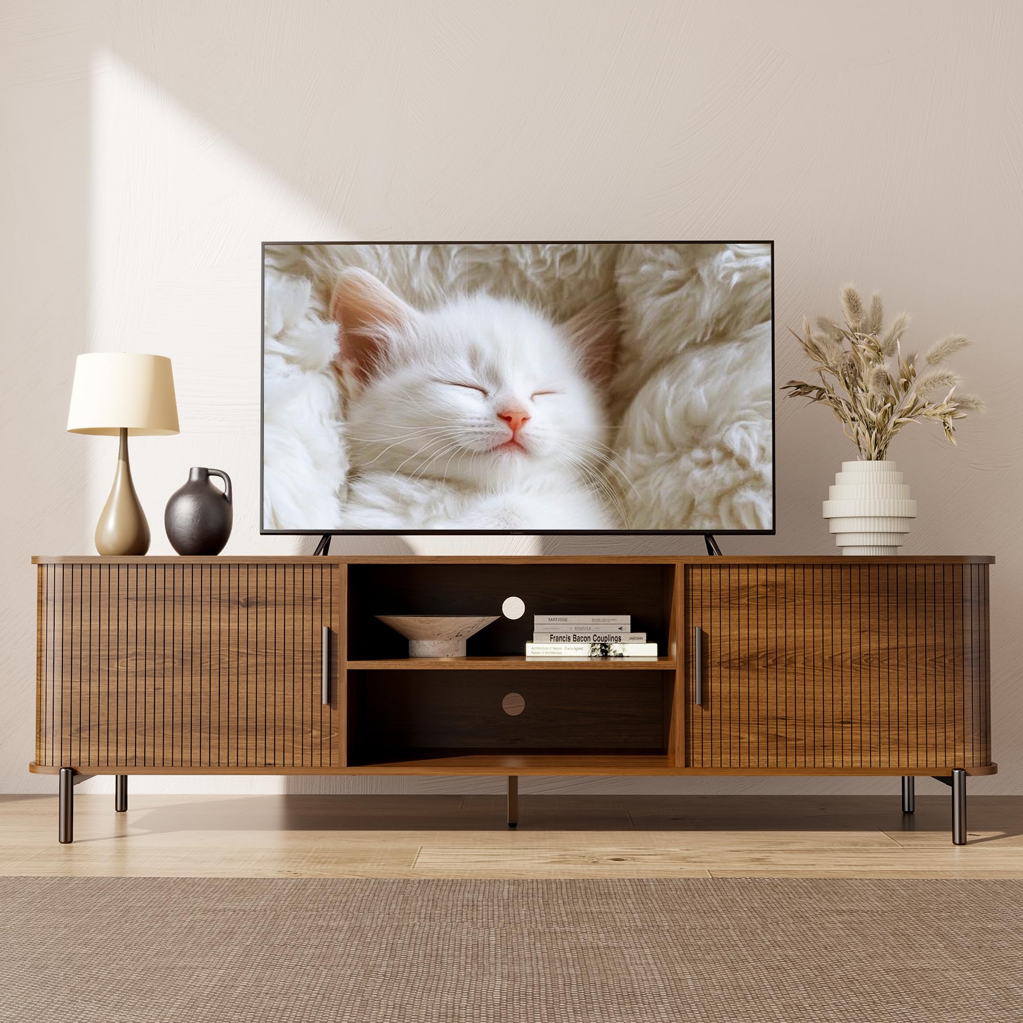 SUNCOZE 70" Mid-Century Fluted TV Stand with Storage, Modern Entertainment Centerfor TVs up to 80 Inch with Sliding Tambour Doors & Open Shelves, Media Console for Living Room or Bedroom (Walnut)