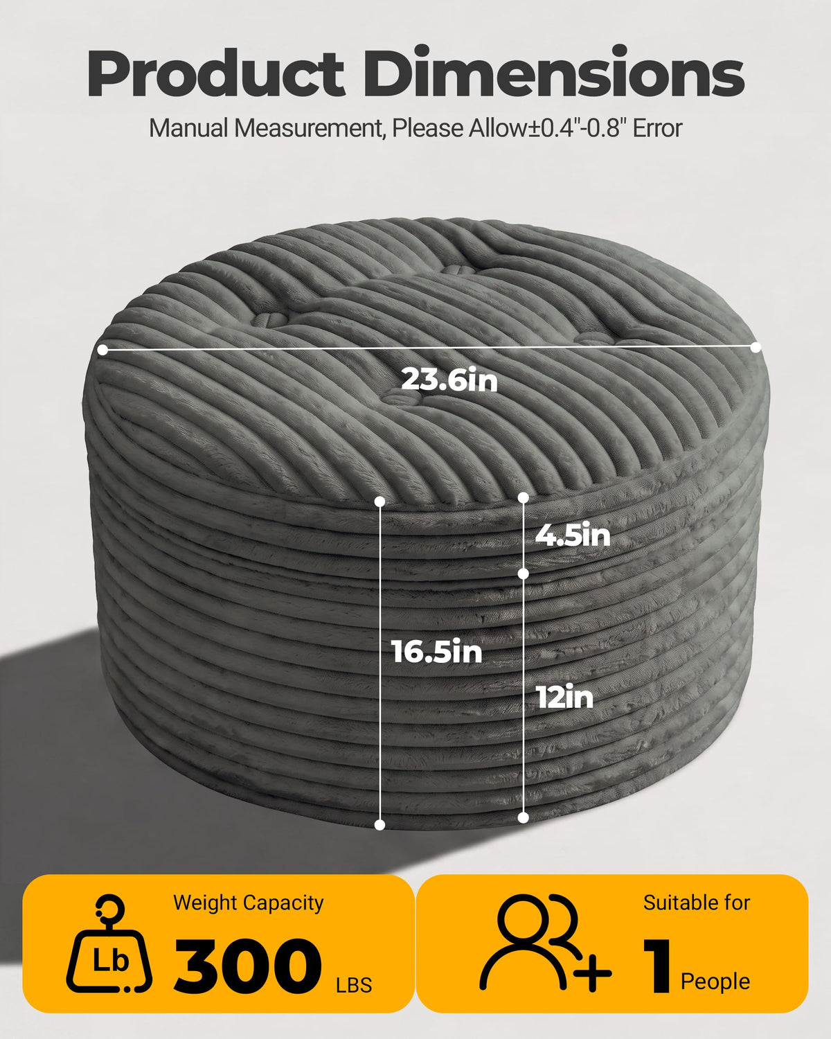 Fabulcozy 23.6in Round Pouf Ottoman, Corduroy Footstool Foot Rest Seating