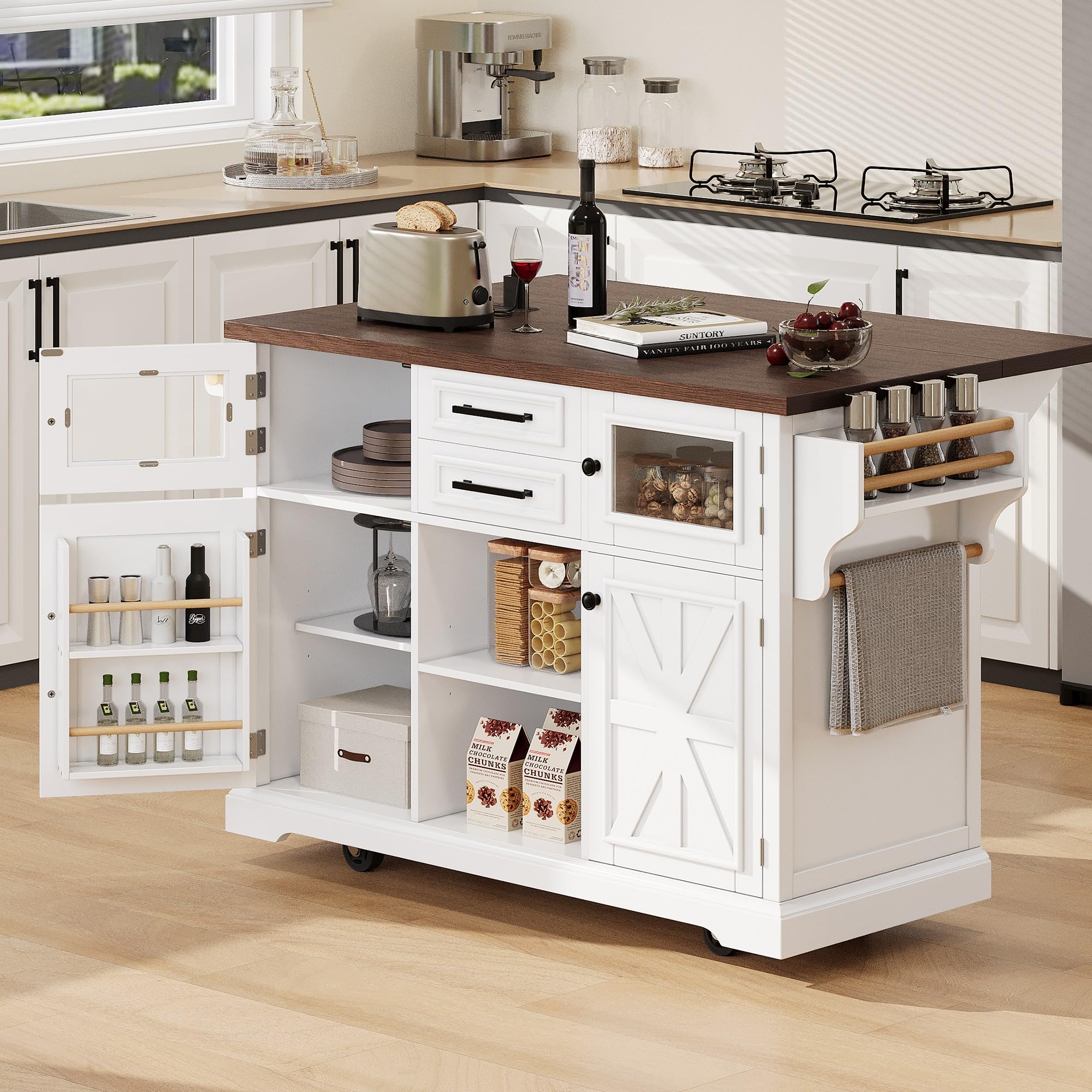 PurityVow 54.9" Rolling Kitchen Island with Drop Leaf, Power Outlet, Kitchen Storage Cart with 4 Door Shelves, Cross Barn Doors & Visual Glass Door, Kitchen Island Table On Wheels for Kitchen (White)
