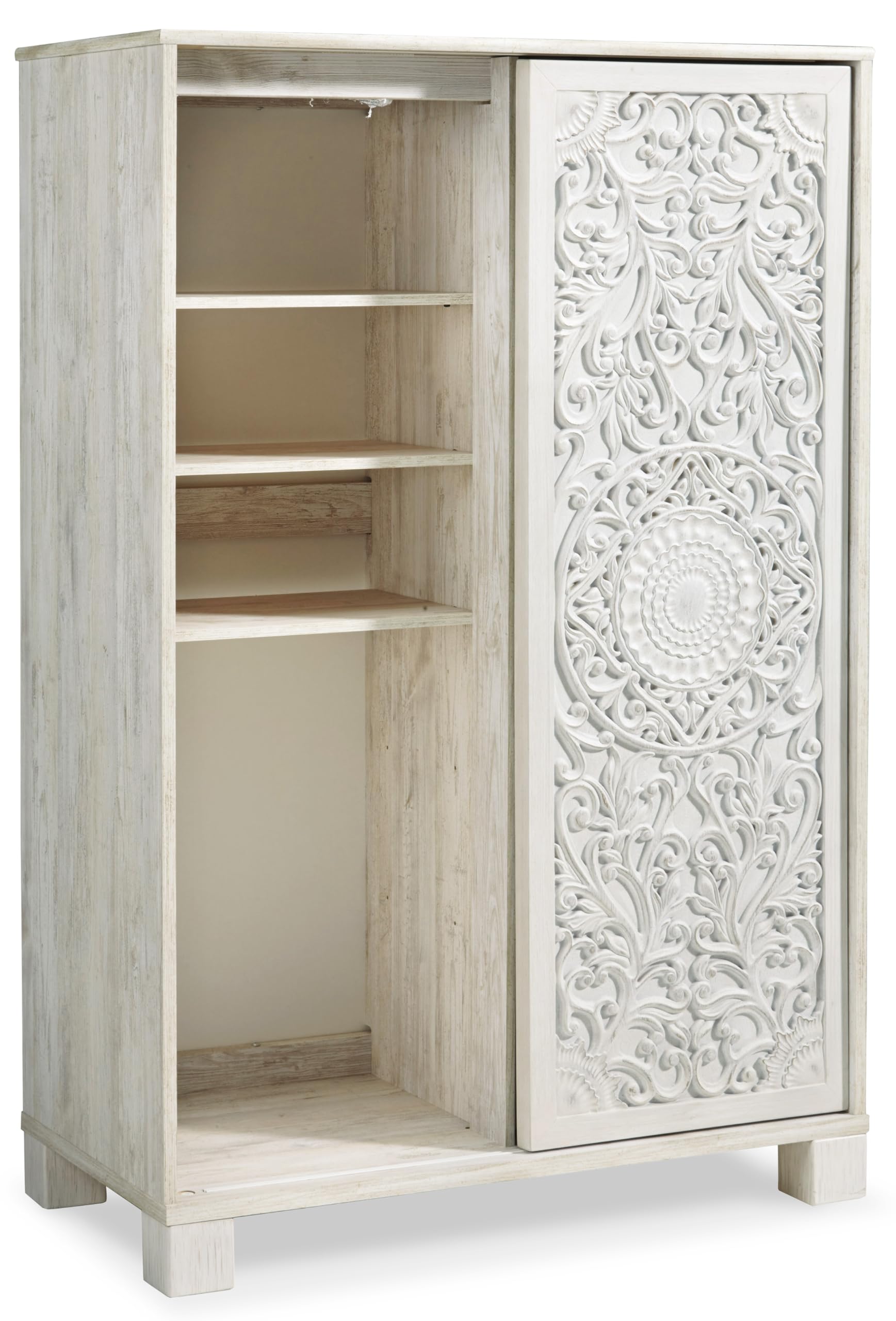Signature Design by Ashley Paxberry Boho 5 Drawer Dressing Chest with Slider Door & 3 Adjustable Shelves, Whitewash