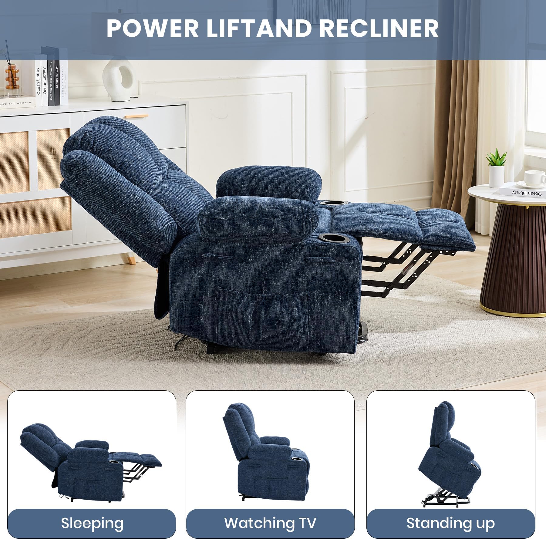 Garvee Power Lift Recliner Chair with Massage and Heat, Oversized Electric Lift Chair with Stand Assist, 155° Adjustable Lay Flat Recliner, 2 Cup Holders for Living Room
